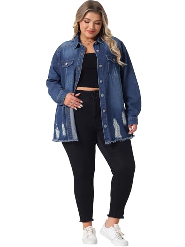 Agnes Orinda Women's Plus Size Denim Shirts Casual Long Sleeve Button Down Long Distressed Denim Jacket3