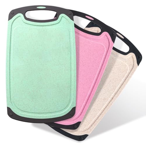 Chopping Board Set of 3 Wheat Straw Kitchen Chopping Boards BPA Free with Juice Grooves, Easy to Grip, Hanging Holes, Non-Slip, Dishwasher Safe Chopping Board (Khaki + Pink + Mint Green)
