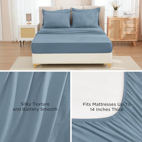 Image of Andency Oversized Queen Size Comforter Set with Sheets Grayish Blue - 7 Pieces Bed in a Bag Oversized Queen Boho Tufted Lightweight Bedding Sets with Comforter, Sheets, Pillowcases & Shams