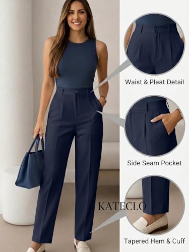 Image of KATECLO Women's High Waisted Formal Trousers - Regular Fit Straight Leg Dress Pants with Pockets for Office, Workwear, & Casual Smart Looks