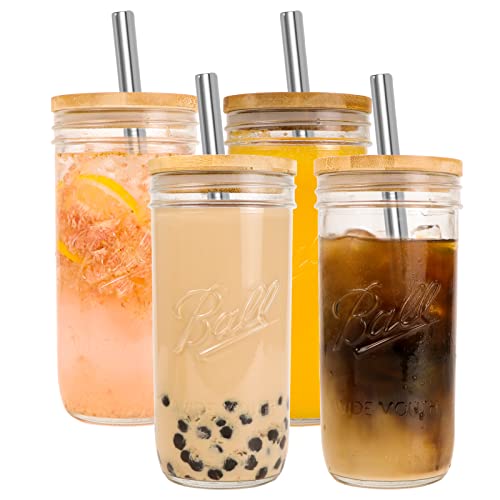 Garnetin 4 Pack Glass Cups Set, 24 Oz Mason Jar Glasses Tumbler Iced Coffee Cup With Bamboo Lids And Silver Straw, Boba Tea Cup, Beer Glasses, Drinking Glass Cups Set Of 4 #TOP5