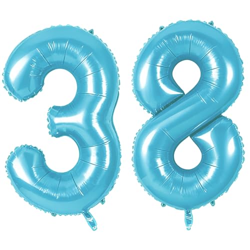 Number 38 Balloons for 38th Birthday Party Decorations, 0-100 Large No.38 Balloons for Women Men and Her Him, 40 Inch Jewelry Blue Foil Helium Balloon for 38 Year Old Anniversary Decorations