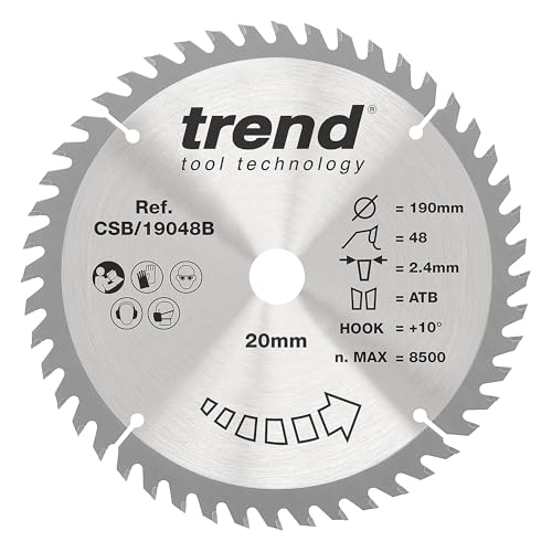 Trend Wood Circular Saw Blade, 190mm Diameter, 20mm Bore, 48 Teeth, 2.4mm Kerf, +10° Hook, TCT, Fine Finish, CSB/19048B