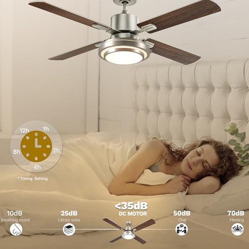 DWVO Ceiling Fan with Light Remote Control 52in, 4 Blade Ceiling Fan Light Fixtures Modern Reversible Brushed Nickel 6 Speeds, 3 Color Temperatures, Quiet DC Motor for Bedroom Living Room