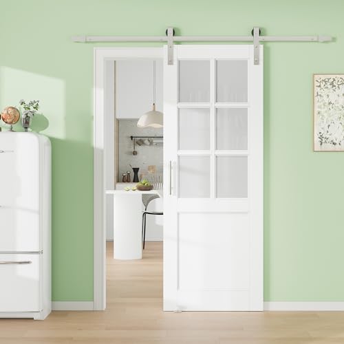 Image of 36 inch x 80 inch Presembled Barn Door with 72 inch Track Kit, Top 6-Lite Frosted Glass Bottom MDF Solid Core Panel Sliding Barn Door for Closet Kitchen Bedroom Pantry, Nickel-Plated Hardware Kit, Easy to Install