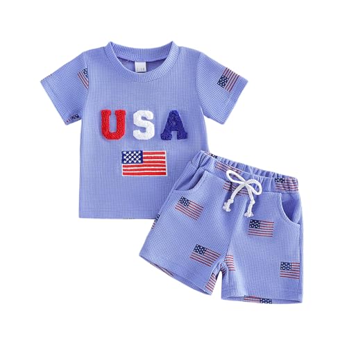 Rourufy Toddler Baby Boy 4th Of July Outfit Waffle USA American Flag T Shirt Top Shorts Set Summer Memorial Day Clothes (A USA Flag Blue 6-12 Months)
