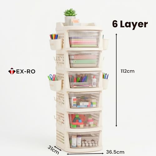 Image of TEX-RO 6 Layer Plastic Drawer Cabinet with Wheels & Side Hooks | Stackable Storage Trolley Organiser for Kitchen, Kids | Multipurpose Drawers Organisers Rack with Basket - Transparent And Ivory