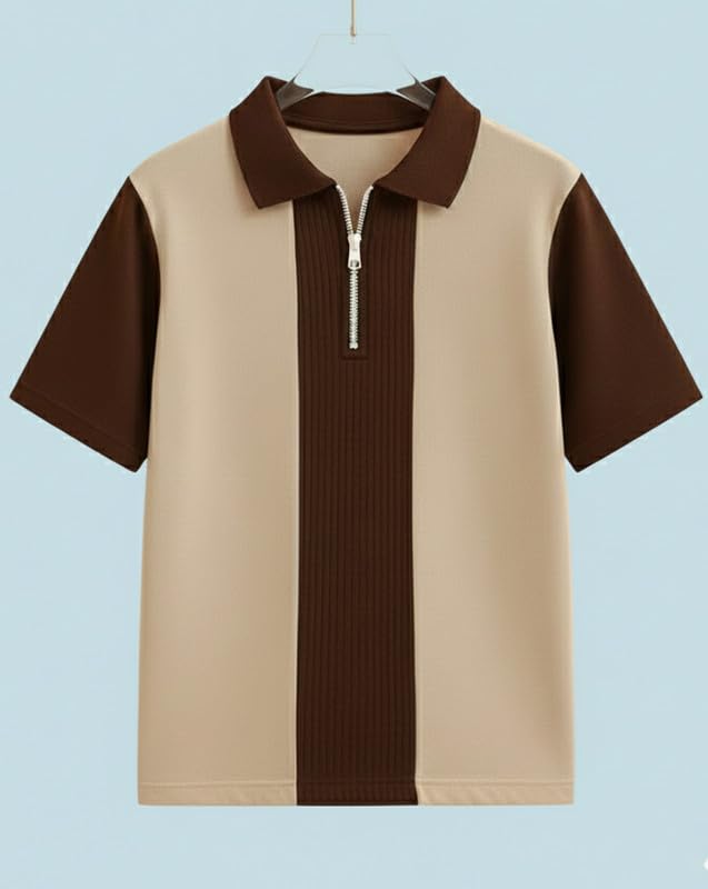 Image of AUSK Men's Textured Vertical Striped Knit Polo T-Shirt | Half Sleeve Zipper Neck Self-Design Casual Tee | Mens Tshirts