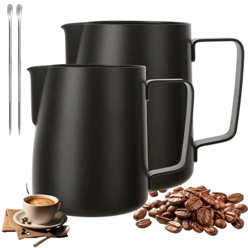 AHAQU 350ml/600ml Milk Frothing Pitcher, Stainless Steel Espresso Jug with Art Pen, Milk Frother Jug for Coffee Machine, Metal Barista Milk Jug for Cappuccino, Latte- Black