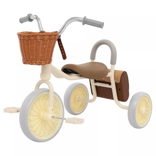 Bicicleta de correr para niños, triciclo para niños con pedales, cesta, asiento cómodo y paquete, bicicleta de correr para bebés de 2 a 6 años, para niñas y niños de 2 a 6 años (blanco-marrón)