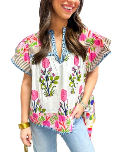 Women Y2K Ruffle Cap Sleeve Top Boho Floral V Neck Shirt Peplum Babydoll Patchwork Blouse Shirt Going Out4