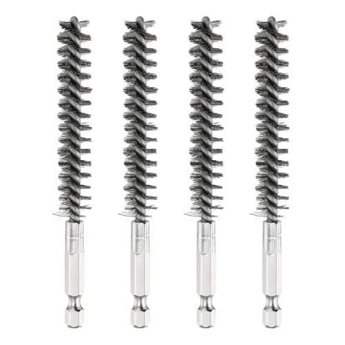 PATIKIL 10mm Dia Bore Brush, 4Pcs Stainless Steel Twisted Wire Cleaning Brush Pipe Cleaner with 1/4 Inch Hex Shank for Tubes, Ports, Bearings, Drill Driver, Silver Tone