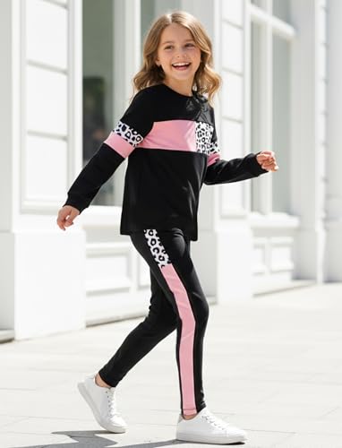 Image of PATPAT Little Girls Clothes Crew Neck Leopard Color Block Sweatshirt and Leggings Girls Outfits Size 4-12Y