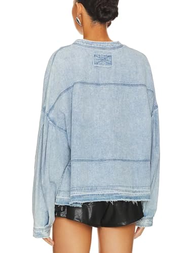 Women's Denim Pullover Deep V Neck Long Sleeve Raw Hem Loose Fit Casual Jean Tops3