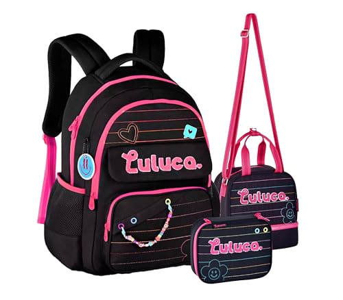 Kit Mochila Luluca Costas Escolar Infantil Lancheira E Estojo Menina Linda (Preto)