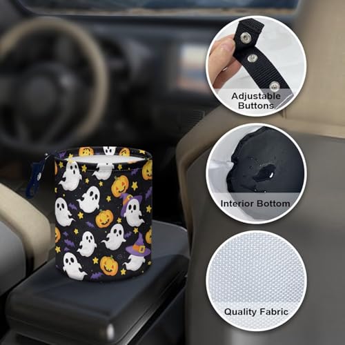 Image of Cute Ghost Pumpkins Hanging Car Trash Bag Vehicle Trash Can with Adjustable Buttons Collapsible Multipurpose Auto Storage Bag Road Trip Essentials