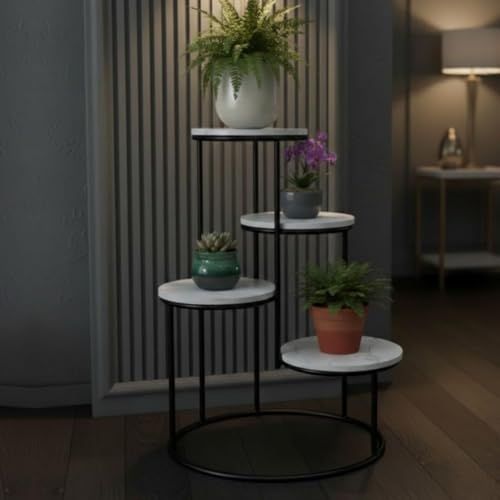 Image of Modern 4-Tier Plant Stand Indoor Metal & Wood | 60 cm Tall Multi-Level Flower Pot Stand | Heavy Duty Corner Plant Rack for Living Room, Balcony, Garden | Decorative Plant Holder for Indoor Use (White Black)