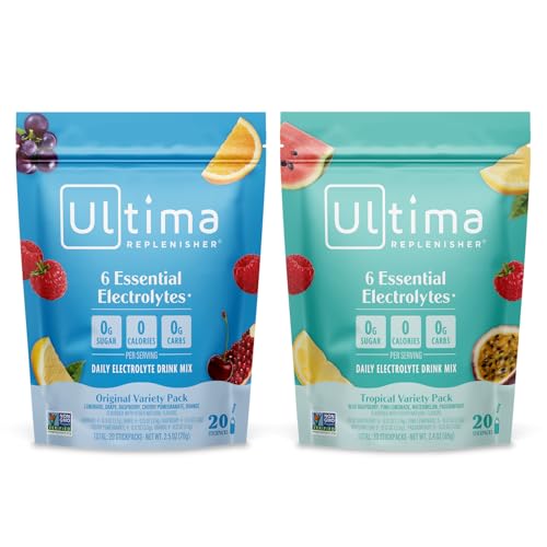 Ultima Replenisher Daily Electrolyte Powder Drink Mix â€“ Sugar Free â€“ Tropical Variety and 5-Flavor Variety, 20 Stickpacks â€“ Hydration Packets with 6 Electrolytes and Minerals â€“ Keto, Non-GMO