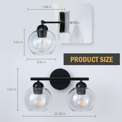 Image of Black Bathroom Light Fixtures, 2 Light Bathroom Vanity Light with Globe Glass Shades, Modern Farmhouse Vanity Lights Over Mirror, Matte Black Wall Lights for Bedroom Restroom, E26 Socket