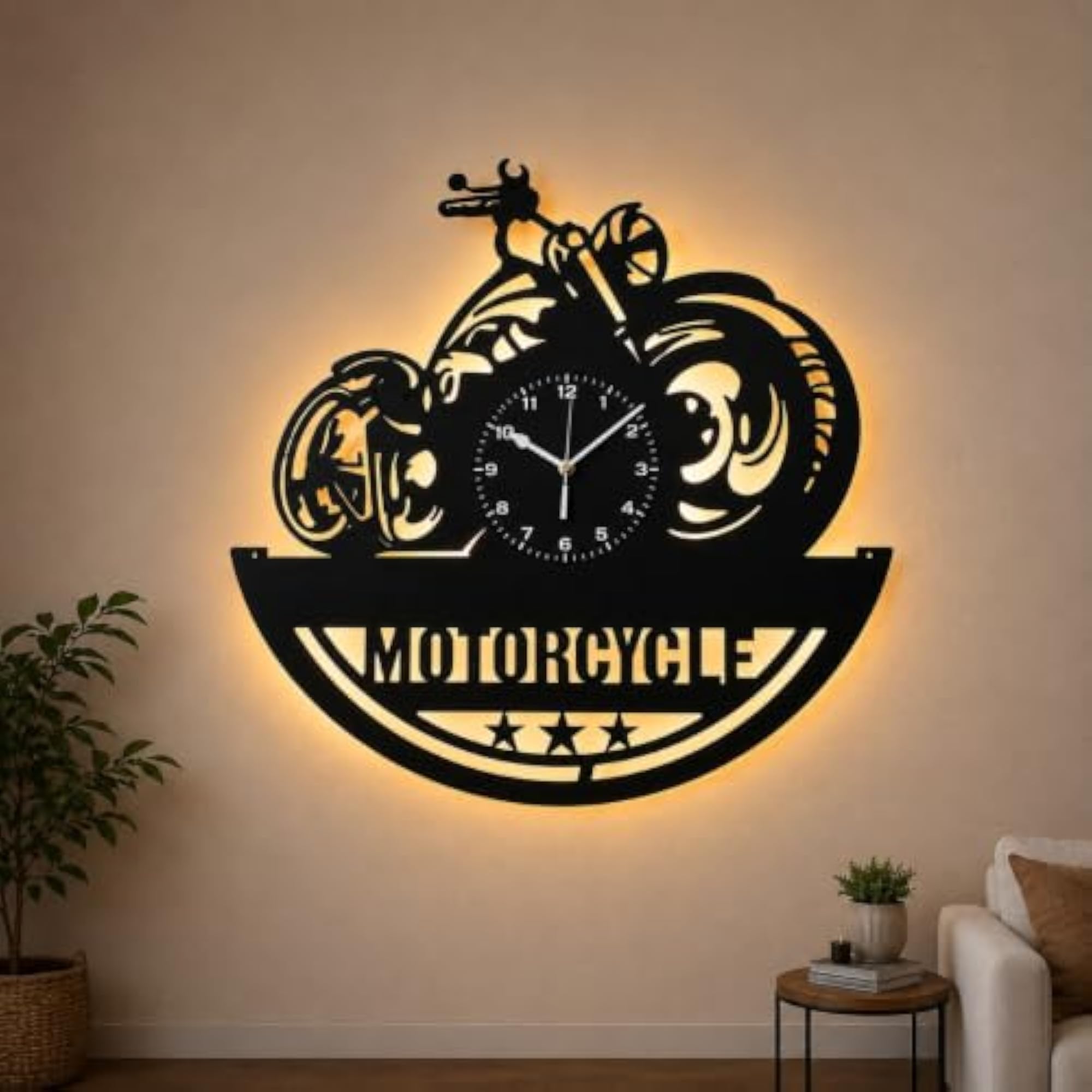 LED Backlit Motorcycle Wall Clock, Laser-Cut Metal Design