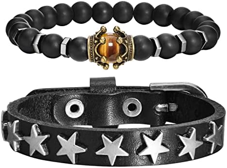 TempBeau Star Leather Cuff Mens Bracelet - Crown Tiger Eye Stone Beads Black Agate Bracelet, Punk Vintage Wrap Leather Buckle, Adjustable Women Bracelet Gifts