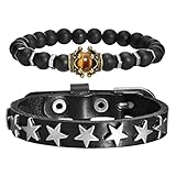 TempBeau Star Leather Cuff Mens Bracelet - Crown Tiger Eye Stone Beads Black Agate Bracelet, Punk Vi