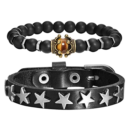 Tempbeau Star Leather Cuff Mens Bracelet - Crown Tiger Eye Stone Beads Black Agate Bracelet, Punk Vintage Wrap Leather Buckle, Adjustable Women Bracelet Gifts #TOP26