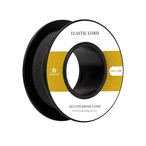 Abma Cord Gummischnur 1mm x 10m Gummikordel Gummiband Elastische Kordel Rund Gummiseil für Rucksack, Party-Hüte, Schmuck, Basteln, Camping, Zelt - Schwarz