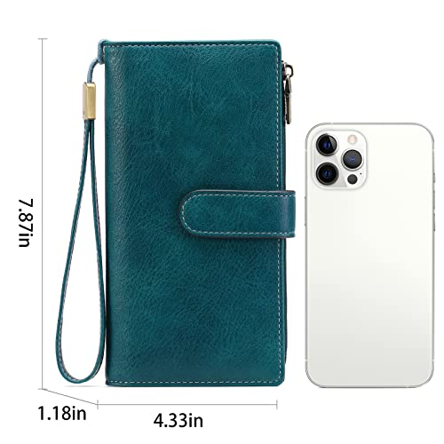 Image of GOIACII Large Wallet for Women Leather Wristlet Teal | RFID Blocking, Multi-card Slots, Detachable Wrist Strap, Trifold Clutch Purse