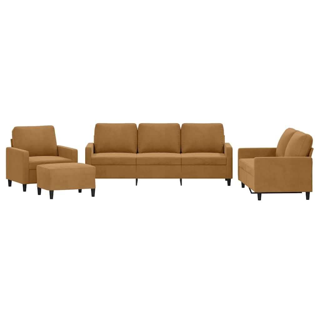 Juego de 4 sofás de terciopelo marrón – Moderno juego de sofá incluye 3 plazas, 2 plazas, sillón y reposapiés con 6 cojines – Elegante conjunto de sofá para salón y salón