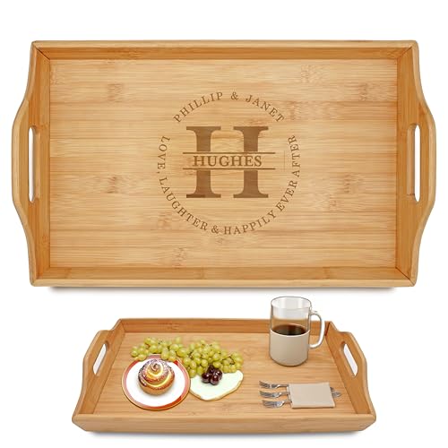 Personalized Bamboo Wood Serving Tray with Handles, Engraved Wooden Trays,