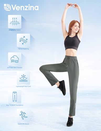 Image of Venzina Women's Lightweight Quick-Dry Icy Cool Straight Pants with Ankle Print, Athletic Breathable 4-Way Stretch Trousers for Gym, Running, Yoga & Casual Wear M-XXL