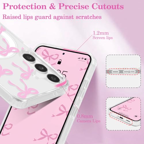 Image of UEEBAI Magnetic for Samsung Galaxy S25 Case, Bow Case Compatible with MagSafe, Wireless Slim Clear Ribbon Aesthetic Phone Case Anti-Yellowing Shockproof Protective Cover for Women Girl - Pink