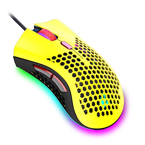 Ratón Ligero con Cable para Juegos, 10 Croma RGB retroiluminado, USB y 7 Botones programables, 12000DPI ergonómico, Ultraligero, Carcasa de Panal de Abeja, para Jugadores de PC - Amarillo