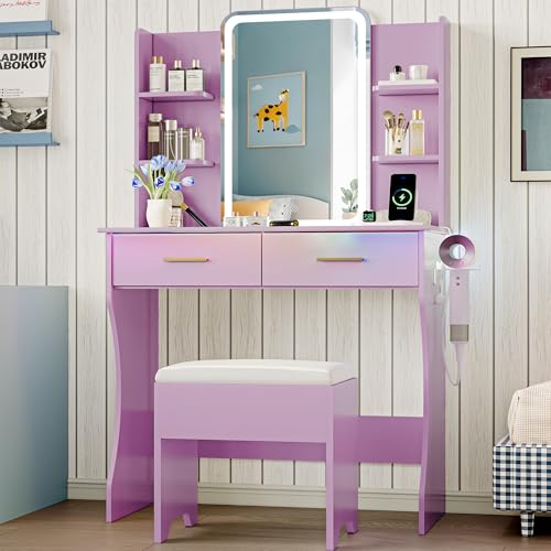 Vanity Desk with LED Lights Mirror & Power Outlet, Small Makeup Vanity Table Set with Storage Drawers & Chair, 3 Lighting Modes & Adjustable Brightness, Dressing Table for Women Girls Bedroom, Purple
