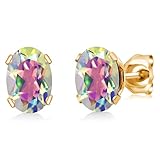 Gem Stone King Gemstone Birthstone Stud Earrings for Women Men | 18K Yellow Gold Plated | Oval 7X5MM | Fine Jewelry Gifts for Her Him Mom Dad Wife | Mercury Mist Mystic Topaz