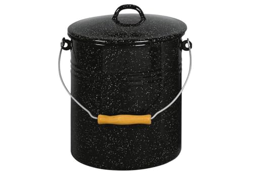 Mülleimer mit Deckel emailliert, schwarz mit weißen Sprenkeln, 10 Liter