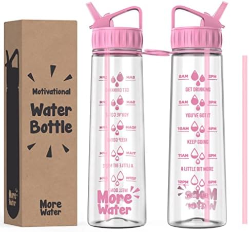 More Water Bottle With Straw, Motivational Time Markings 900ml - Drinking Tracker Bottles - Times to Drink - BPA Free Sports Bottles