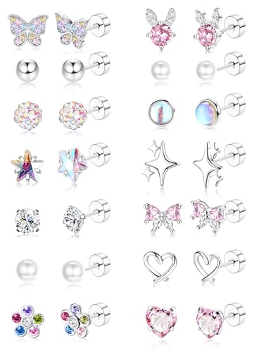 BESTEEL Silver Hypoallergenic Earrings for Girls Ages 8-12, Screw Back Stud Earrings for Kids, Cute Flat Back Surgical Steel Earring for Little Girl Sensitive Ears, Tiny Screwback Toddler Earrings Set