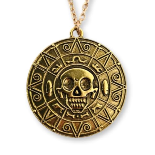 Collar de medallón del pirata con cráneo - Caribe - Color Oro - Diámetro 3,5 cm Cadena 55 cm de metal, XL, Metal, Sin gema, XL, Metal, No es una piedra preciosa