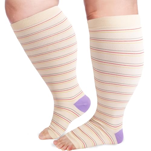 Image of LOUSGUTA Open Toe Plus Size Compression Socks for Women & Men 15-20 mmhg Toeless Wide Calf Compression Support Knee High Socks