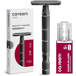 CAVEEM Double Edge Safety Razor for Women & Men,Gunmetal Black | Starter Kit With 5 Replacement Blades, Textured Grip, Easy Blade Change, Washable Design, Compact For Travel