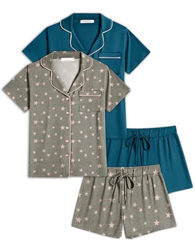 Image of Ekouaer Womens Pajamas Set 2 Pack Button Down Summer Sleepwear Short Sleeve Comfy Pjs Loungewear Set