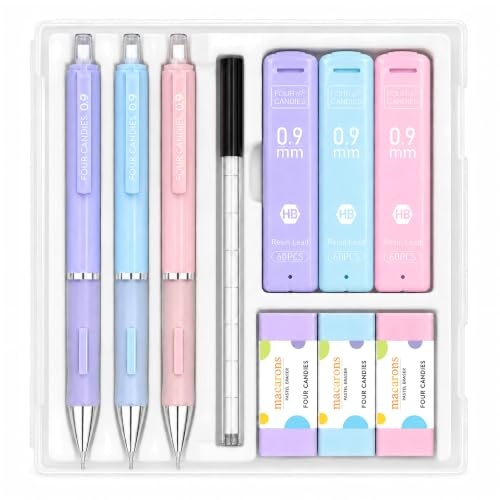 Four Candies 0.9mm Pastel Mechanical Pencil Set with Case, 3-Pack