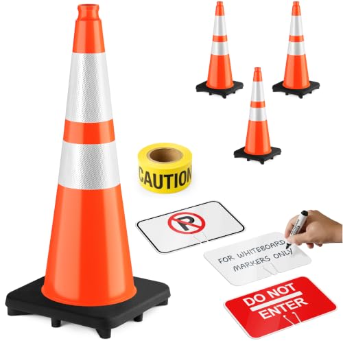 4-Pack-SILARYO-28-Inch-Traffic-Cones-330-Ft-Caution-Tape-3-Attach-on-Signs-Heavy-Duty-Orange-Traffic-Cones-Tall-Large-Traffic-Safety-Cones-for-Construction-PVC-Anti-Skid-20F-to-130F (4-Pack) SILARYO 28 Inch Traffic Cones | 330-Ft Caution Tape & 3 Attach-on Signs | Heavy-Duty Orange Traffic Cones | Tall & Large Traffic Safety Cones for Construction - PVC, Anti-Skid, -20°F to 130°F - Image 1