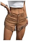 Floerns Women's Summer Shorts Fringe Trim Low Waist Concert Outfit Casual Shorts Brown Large