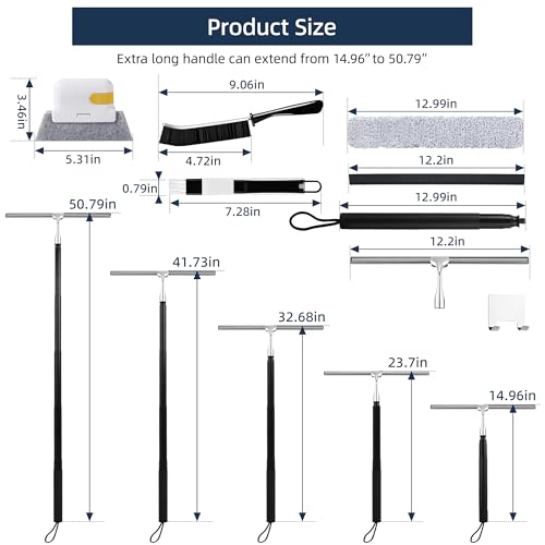 Image of 12-51'' Telescopic Window Squeegee for High Windows, 2-in-1 Window Cleaning Kit with Extra Silicone Blade & Hook, Professional Squeegee for Shower Glass Doors (Window Squeegee Set)