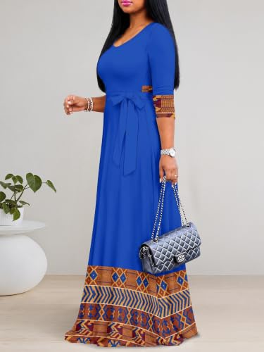 Image of PinkPatty Plus Size Maxi Dress for Women Casual V Neck 3 /4 Sleeve Boho Printed Long Dress with Pockets