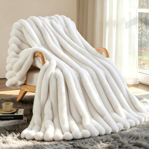 VFROO Faux Fur Throw Blanket for Couch,Cozy Soft Plush Thick Stri...