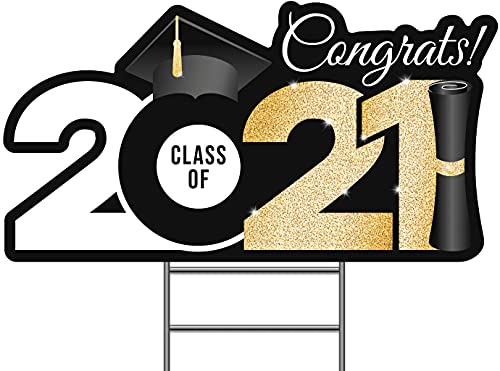 Graduation Yard Sign with Stakes Included - 17â€x 13â€ Happy Graduation Lawn Sign - Class of 2021 Gold Purple Graduation Yard Sign - Outdoor Graduation Yard Decorations & Graduation Signs for Yard